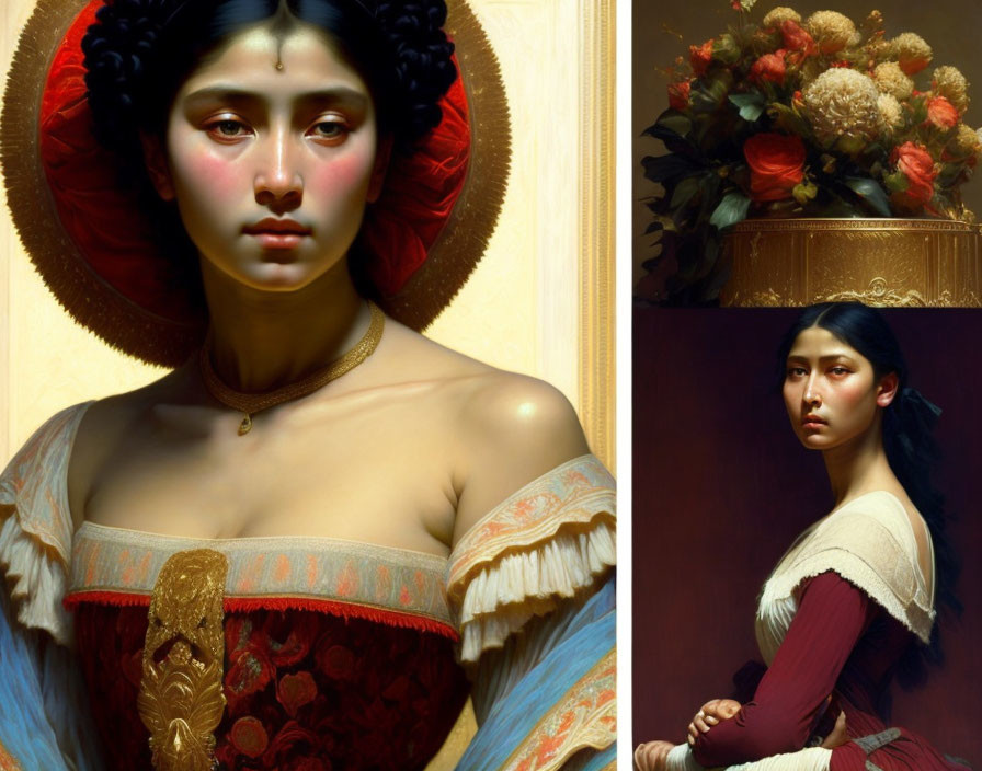 Digital diptych: Woman with halo headpiece in frontal and profile poses, against dark and light