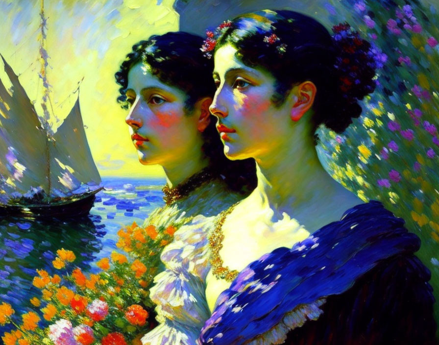 Vibrant painting of two women with floral wreaths by sunlit sea