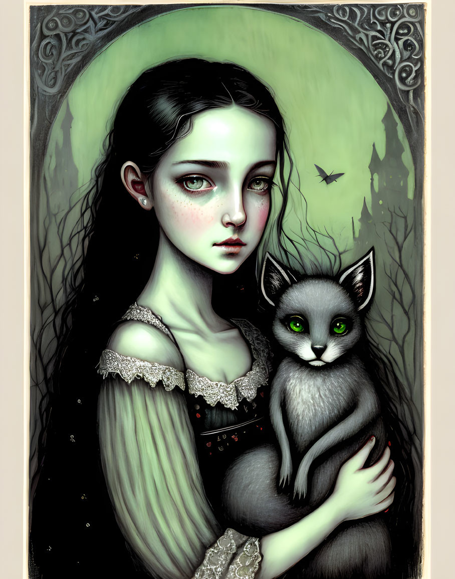 Gothic style illustration: Pale girl with dark hair holding grey cat, greenish backdrop with bat