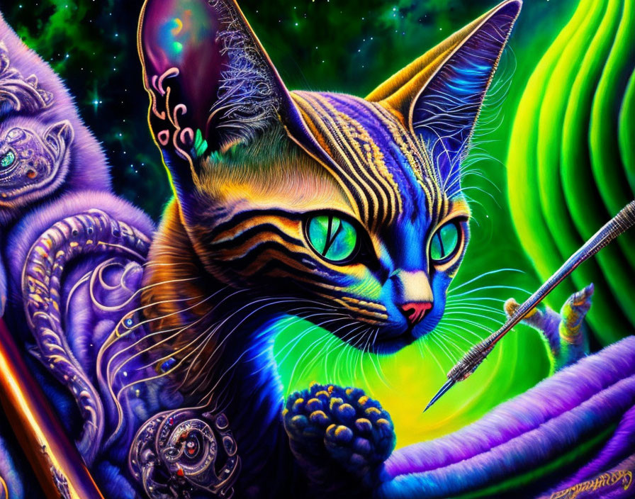 Colorful painting of a cat with butterfly wings and paintbrush in psychedelic swirls