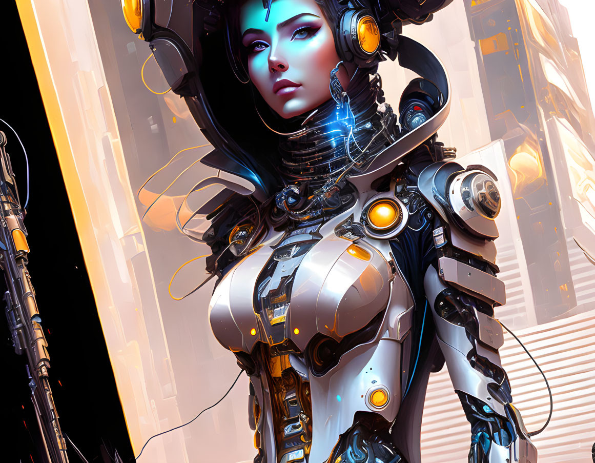 Futuristic female android in black and silver armor with glowing blue accents