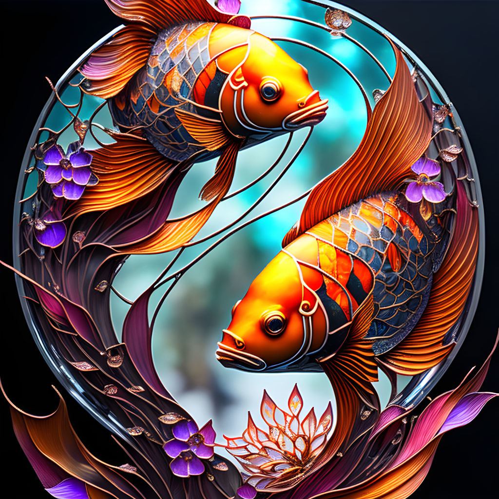 Vibrant yin-yang koi fish with ornate details and floral surroundings