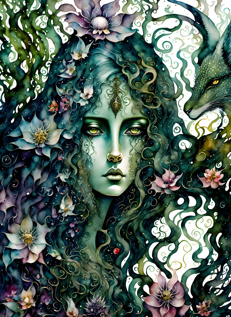 Fantasy art: Woman with green skin, floral hair, and dragon-like creature in swirling patterns