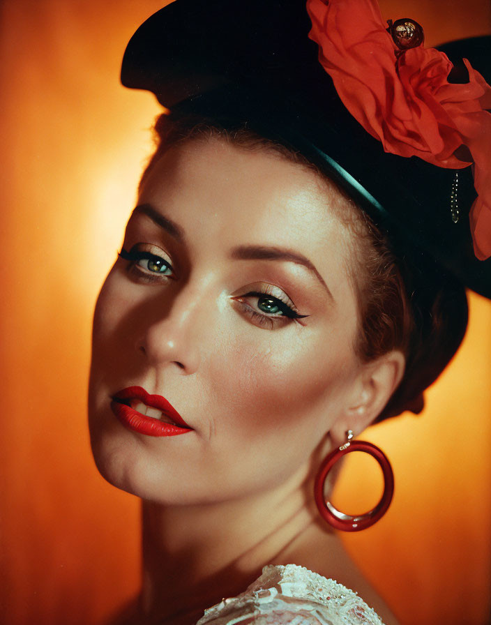 Vintage makeup woman in black hat with red flower on orange backdrop