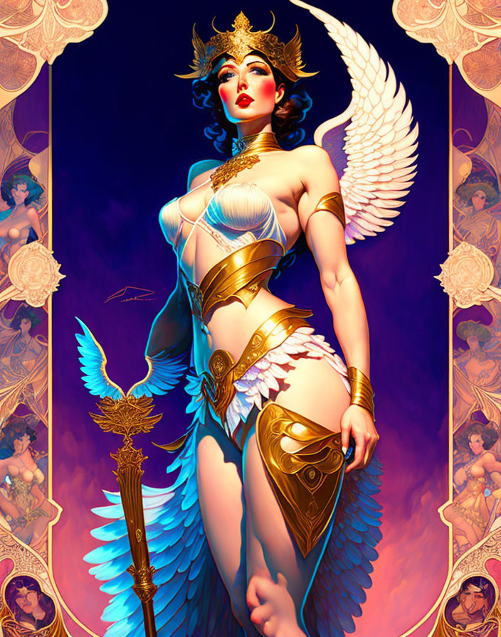 Warrior goddess illustration in golden armor bikini with wings, helmet, scepter, on purple background.