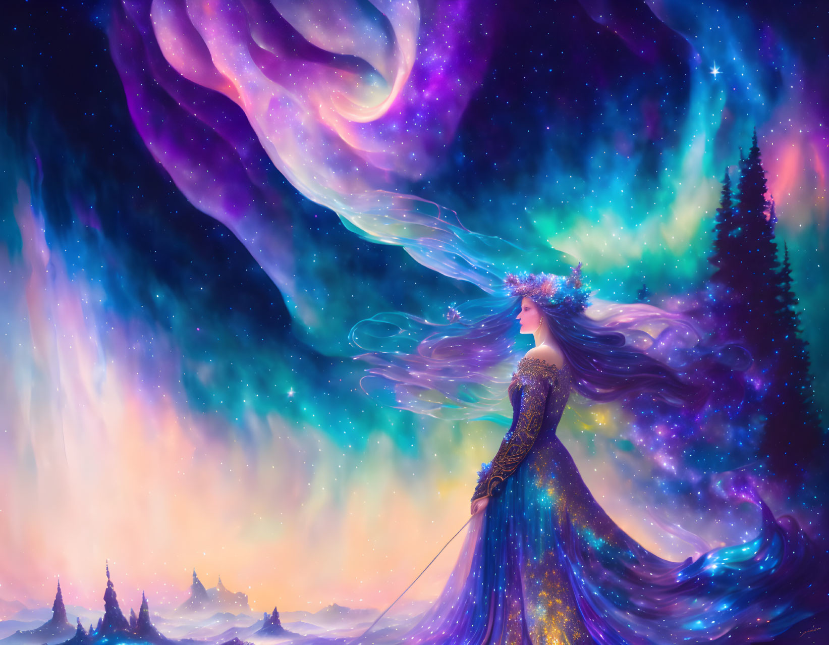 Mystical woman in starry gown surrounded by cosmic backdrop