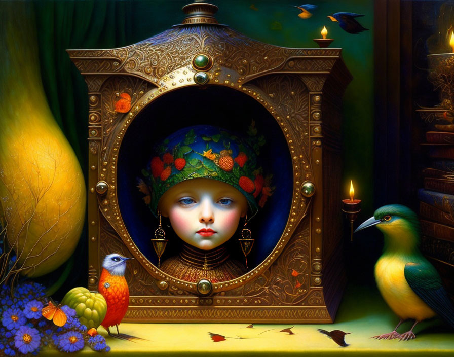 Whimsical painting featuring child's face with clock frame, flower hat, birds, candle, and