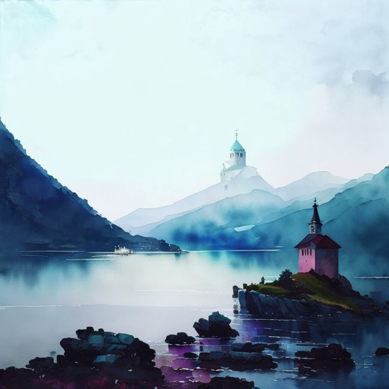 Serene lake with church, mountains, and hazy sky