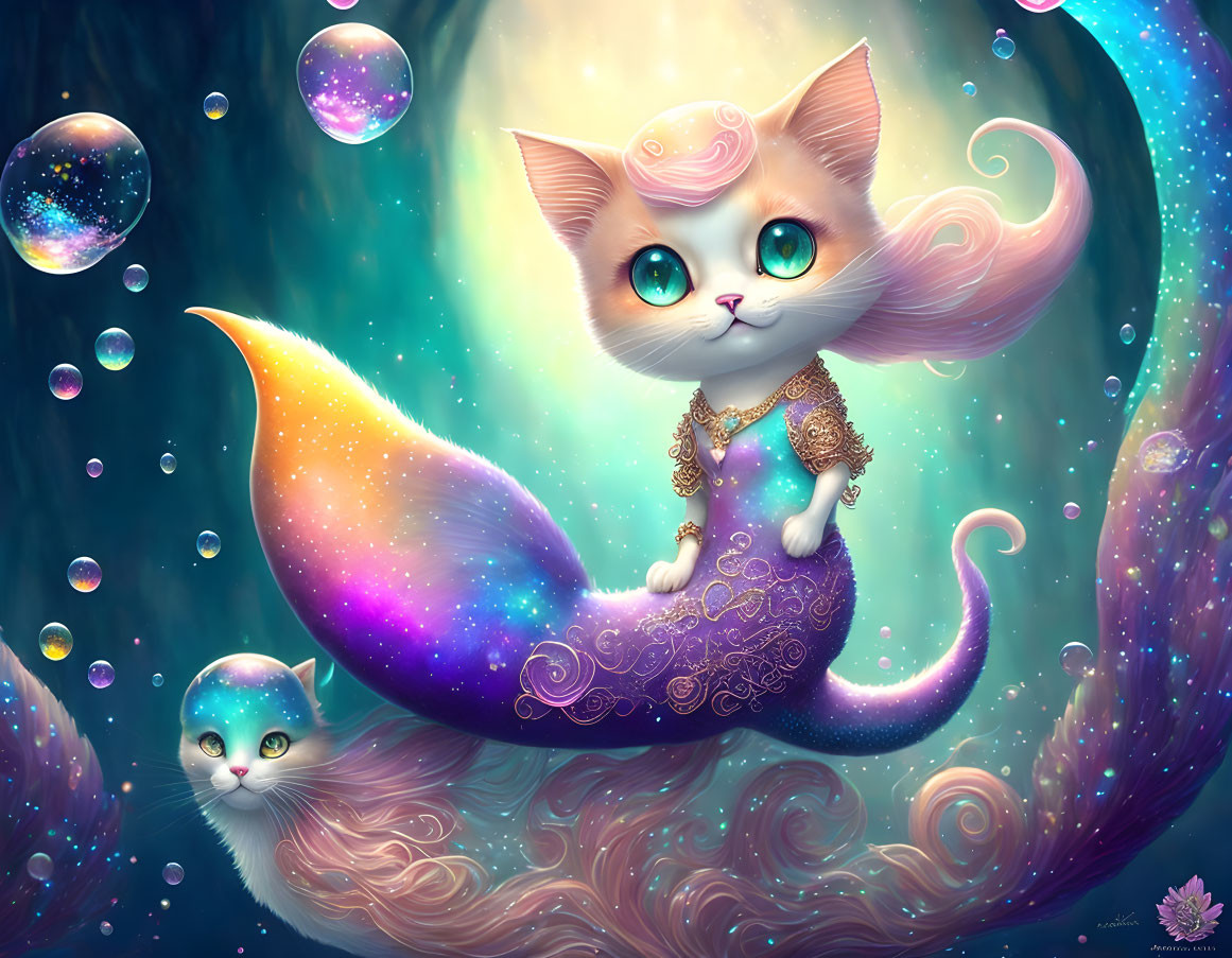 Whimsical white cat with galaxy tail in dreamy celestial scene