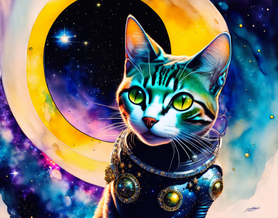 Colorful Cat in Space Suit with Cosmic Background