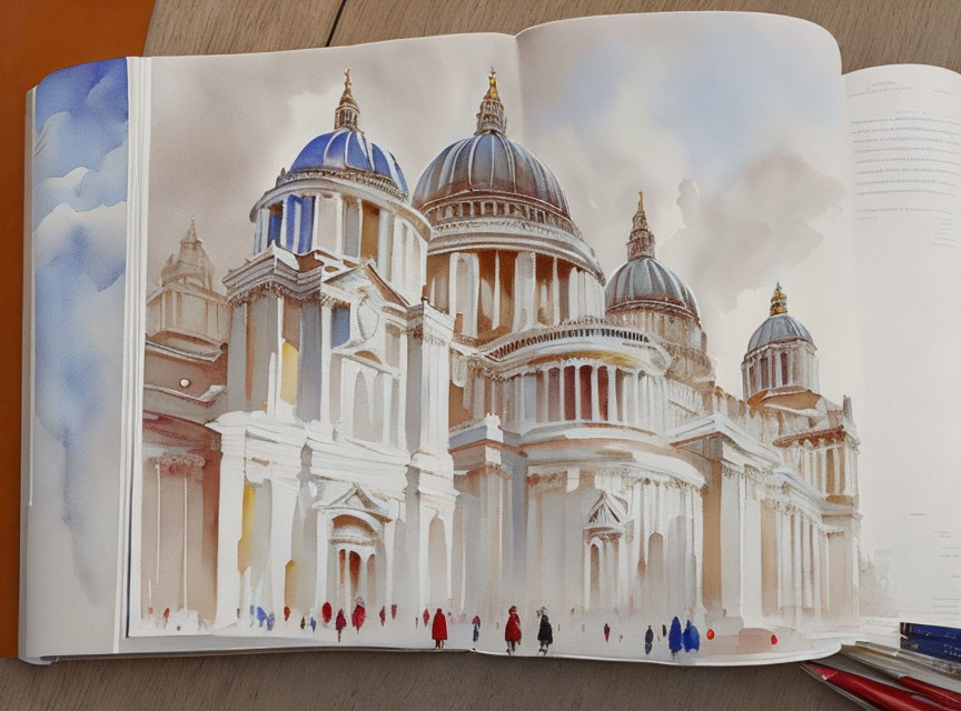 Watercolor painting of grand cathedral with figures and intricate architecture