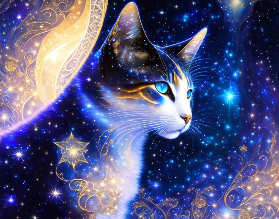 Cosmic-themed cat illustration with starry blue eyes on celestial background