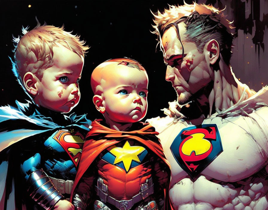 Two babies as superheroes with adult hero in dramatic scene