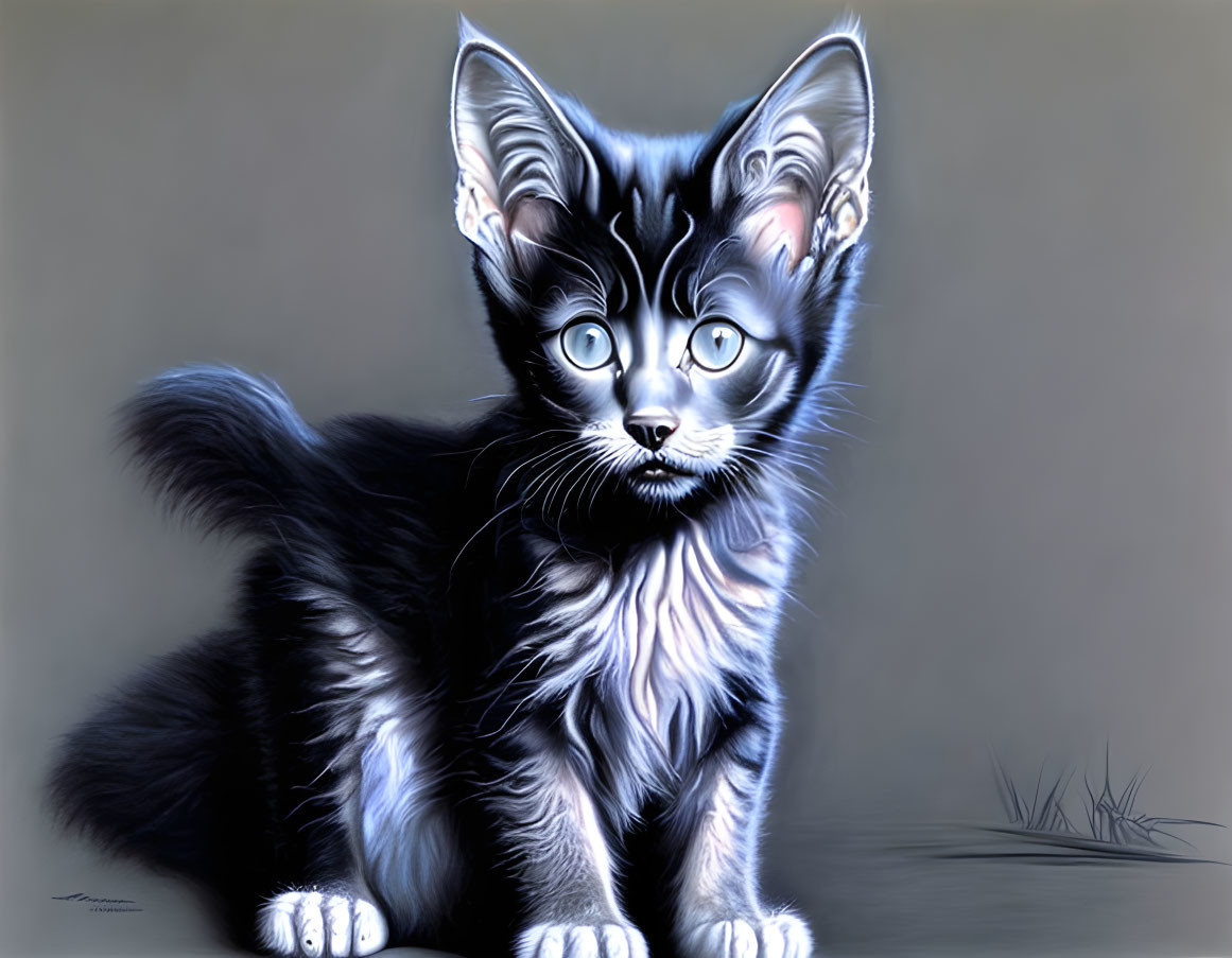 Black and Gray Kitten with Blue Eyes and Oversized Ears on Soft Gray Background