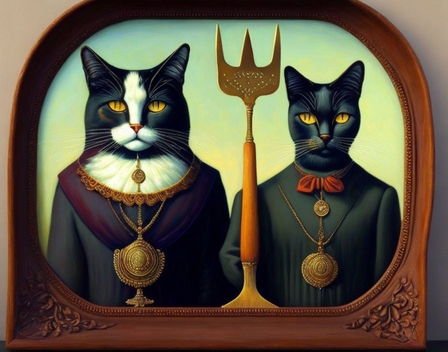 Whimsical painting featuring aristocratic cats in vintage attire