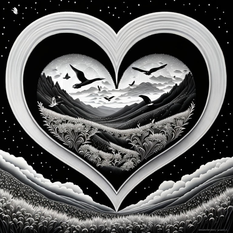 Monochrome heart-shaped frame with landscape and birds above mountains, waves, and foliage under starry sky