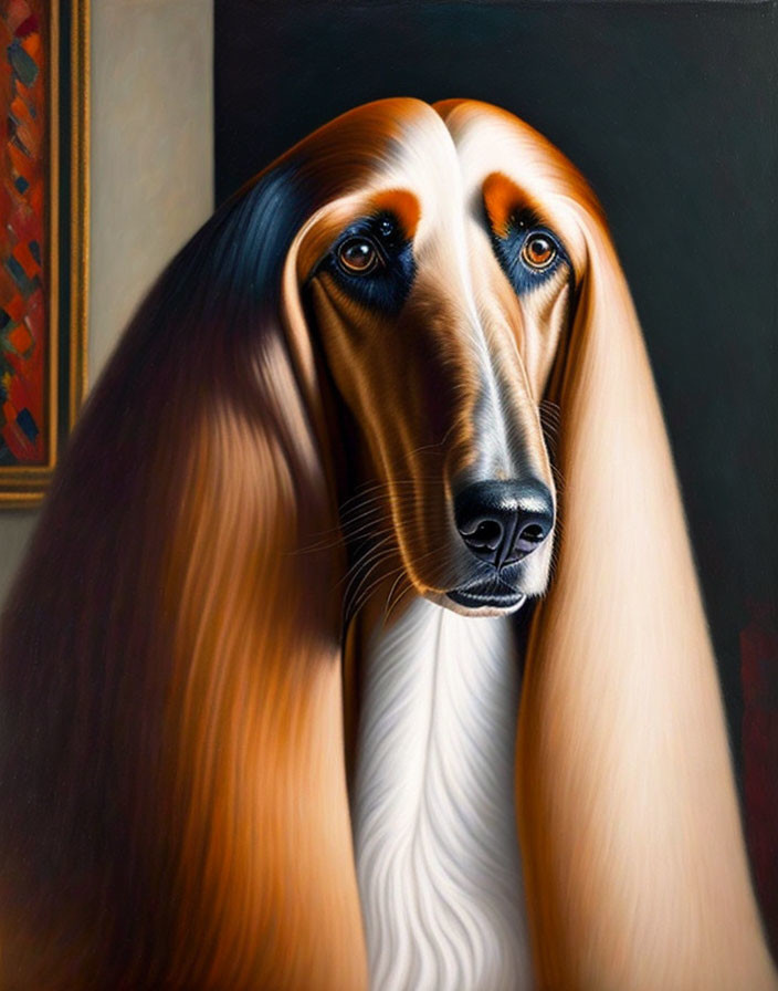 Surreal painting of elongated dog with human-like eyes on dark background