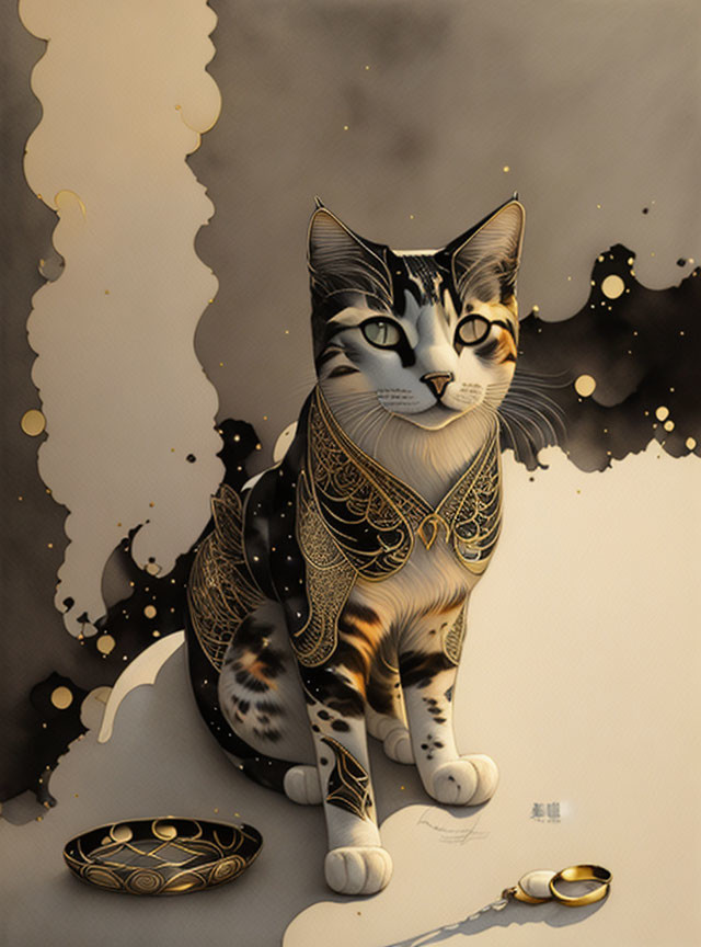 Intricate black and gold patterned cat with ornate bowl on cream background