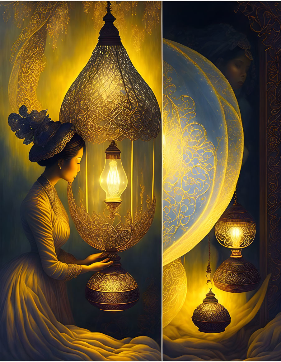 Woman in golden dress under lantern light with moon and intricate patterns.