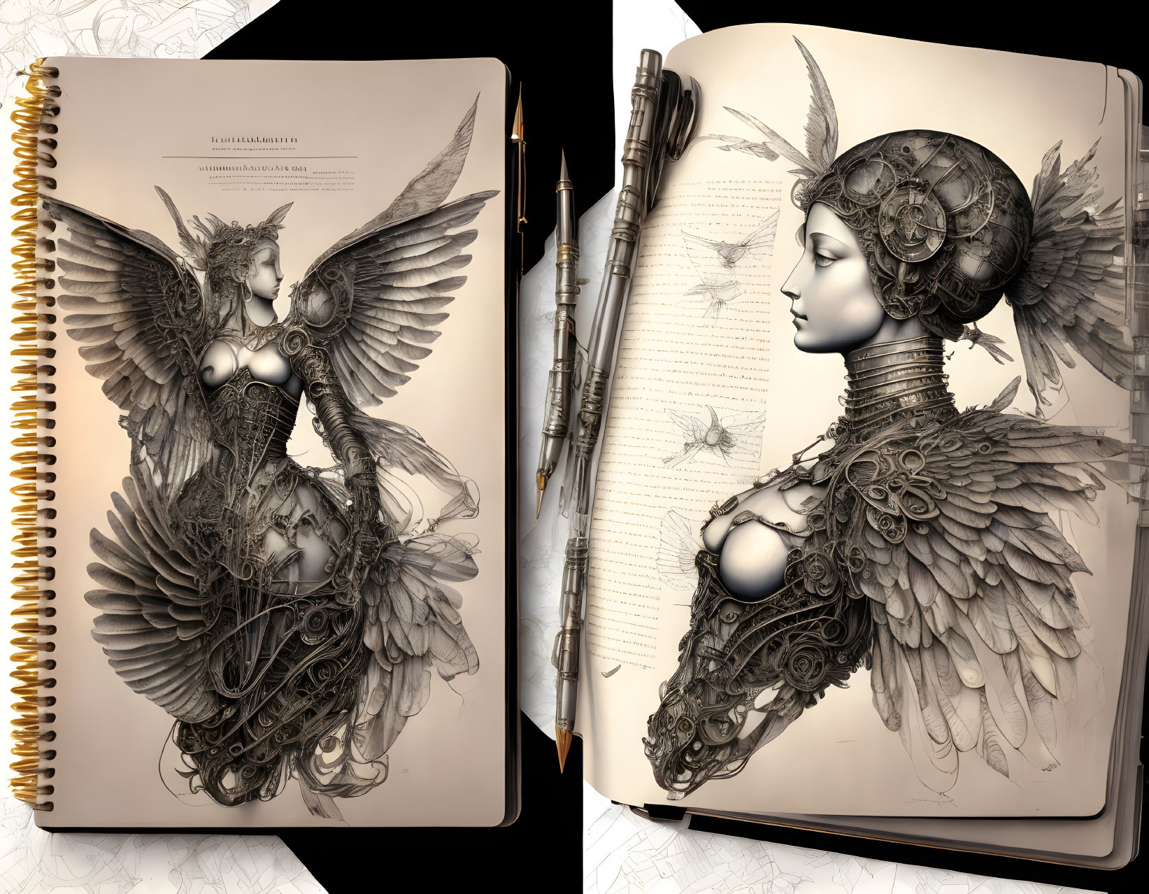 Sketchbook open with drawing of woman in winged armor and mechanical headdress.