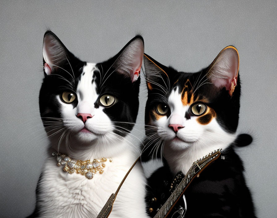 Stylized cats with human-like collars in outfits on grey backdrop