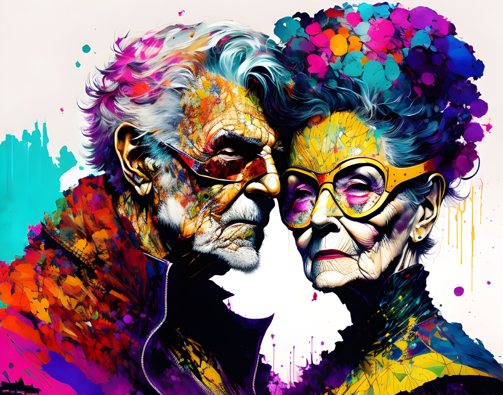 Colorful digital artwork: Elderly couple with floral motifs and vibrant splashes