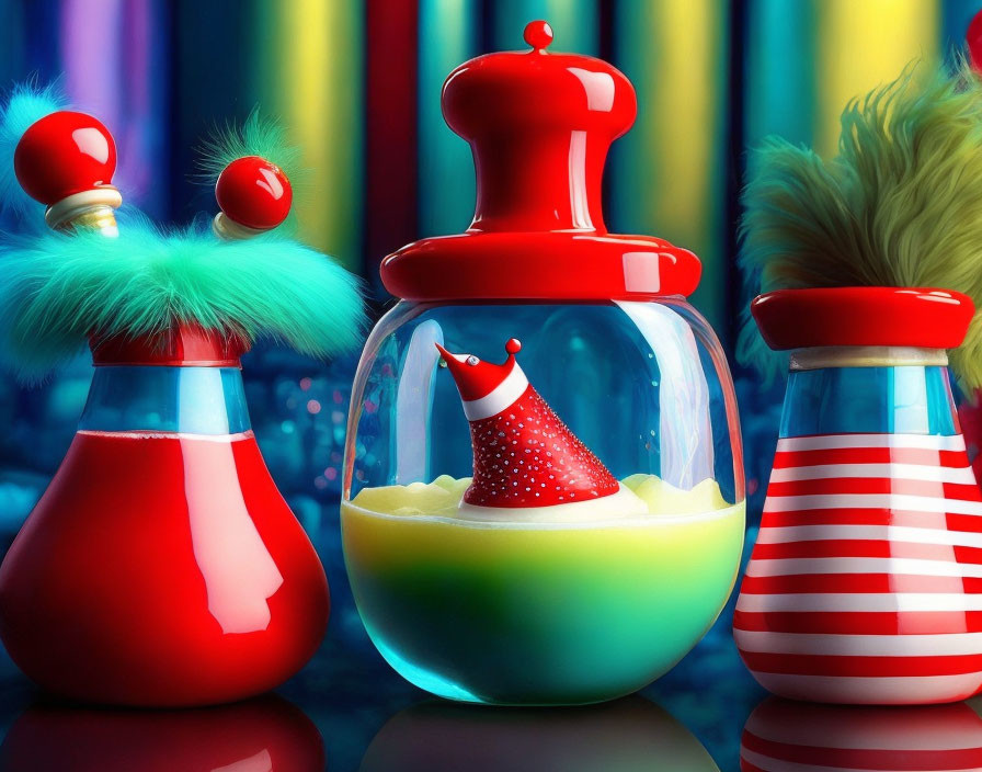 Vibrant still life featuring colorful jars with playful clown-like lids