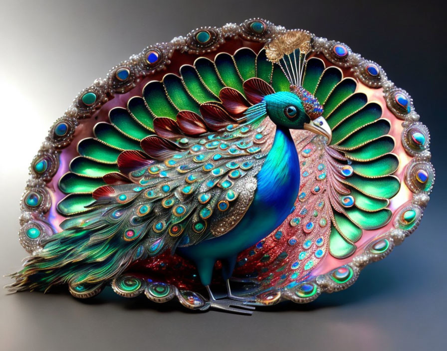 Colorful peacock sculpture with gemstones and metallic finish on soft-lit backdrop