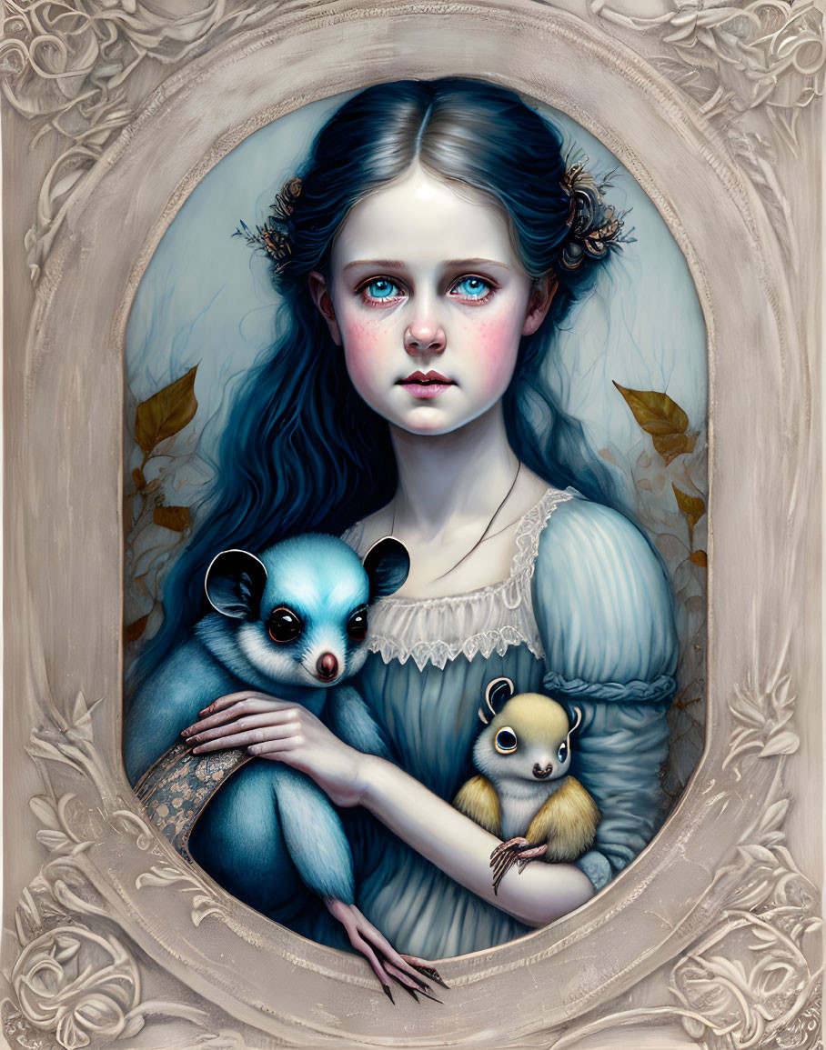 Surreal portrait of girl with blue eyes cradling galago and small creature in ornate