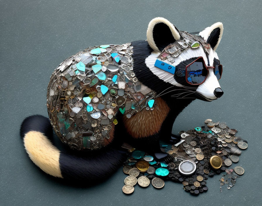 Metallic Raccoon Sculpture with Sunglasses and Circuitry on Dark Background