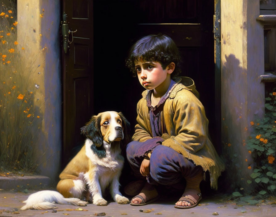 Child and dog by open door, child looking sad and contemplative in warm sunlight.