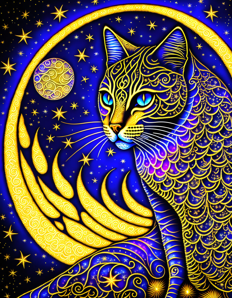 Colorful Psychedelic Cat Illustration on Celestial Background