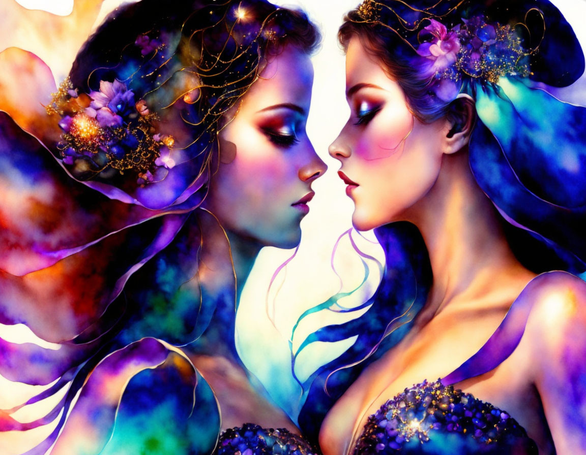 Ethereal women with vibrant hair and floral accessories in intimate moment