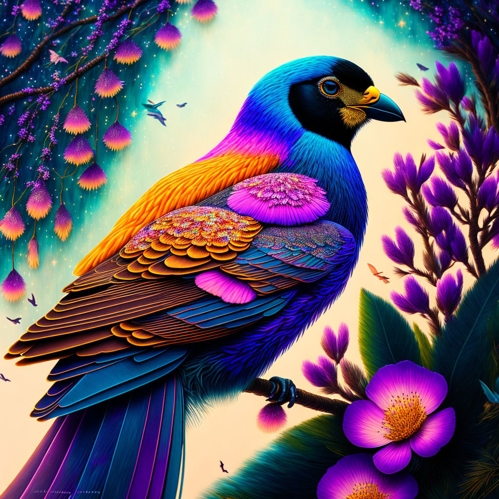 Colorful Bird Illustration Perched on Branch with Purple Flowers