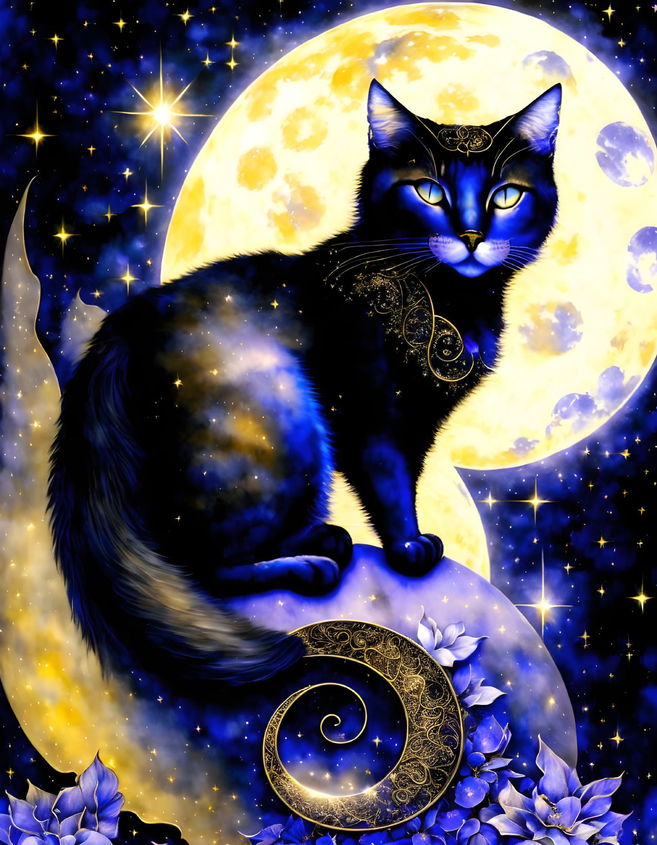 Galaxy-patterned black cat under full moon and stars