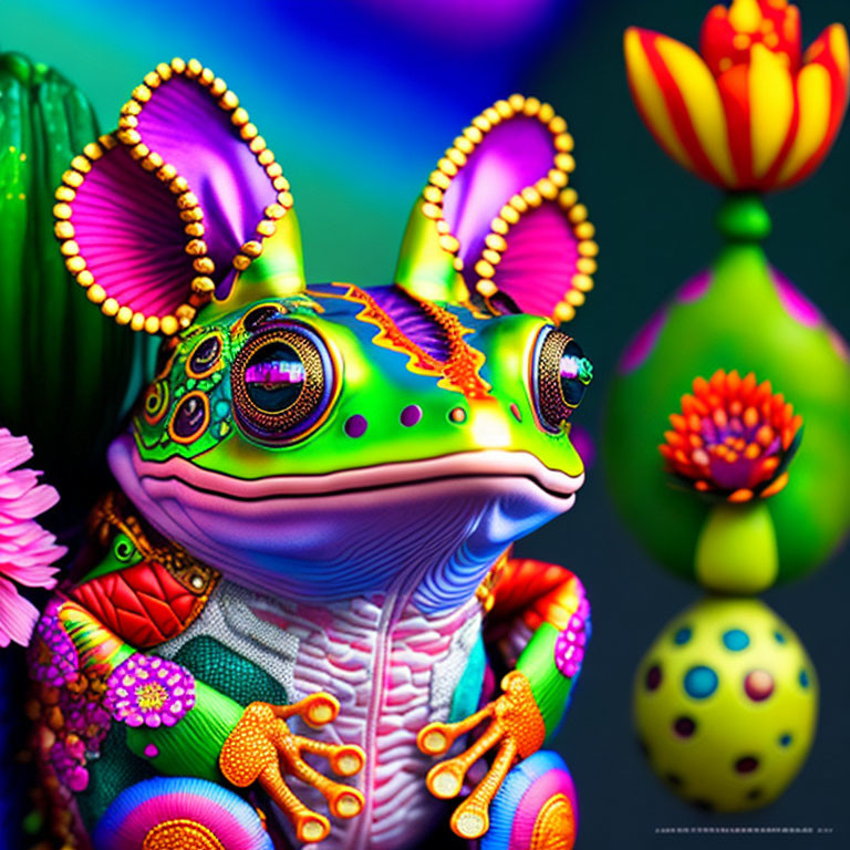 Colorful digital artwork: Whimsical frog with intricate patterns and textures