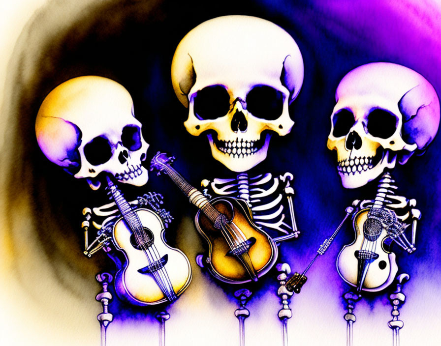 Colorful Stylized Skeletons Playing Guitars on Psychedelic Background