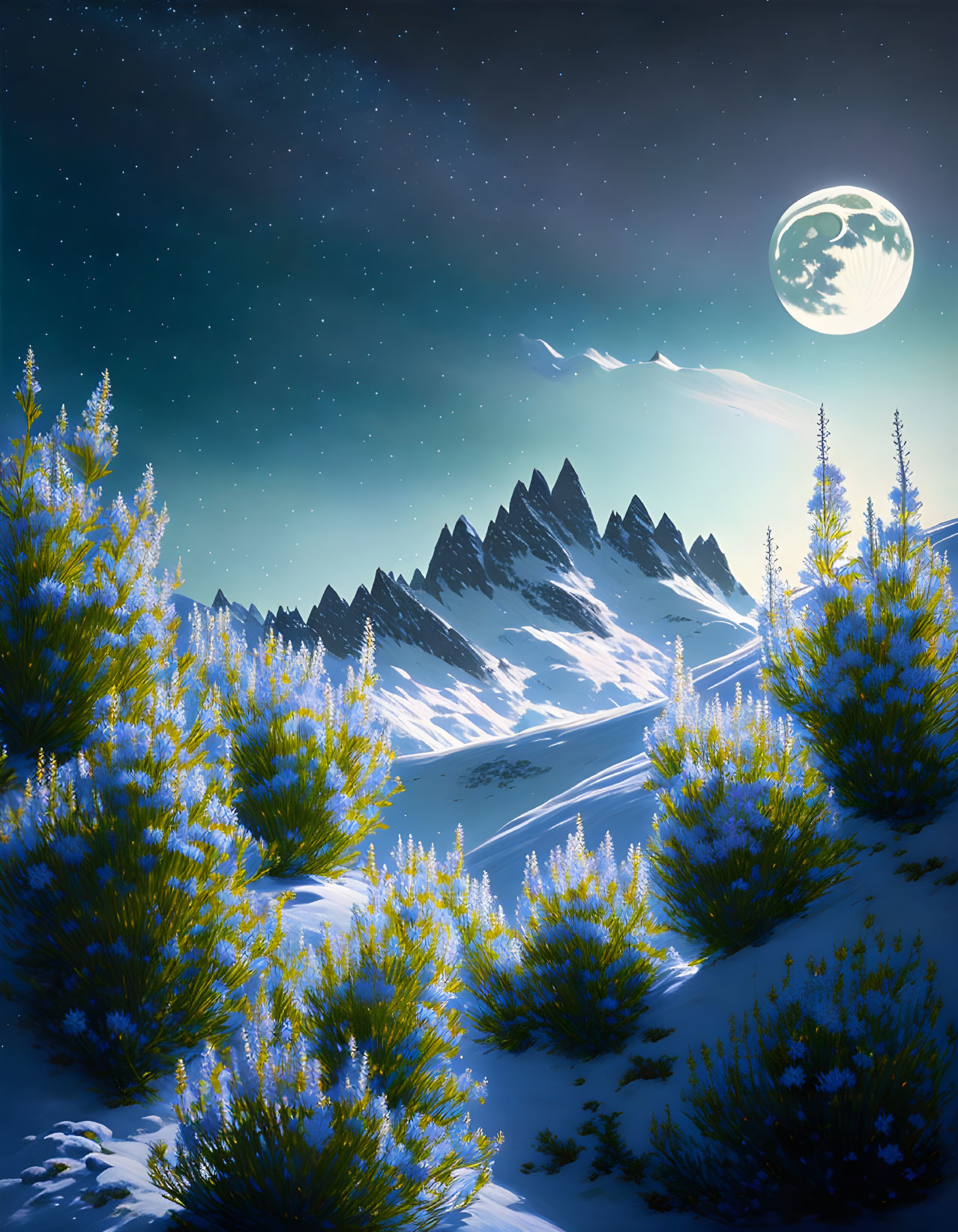 Starry sky over snow-covered mountain peaks and evergreen trees