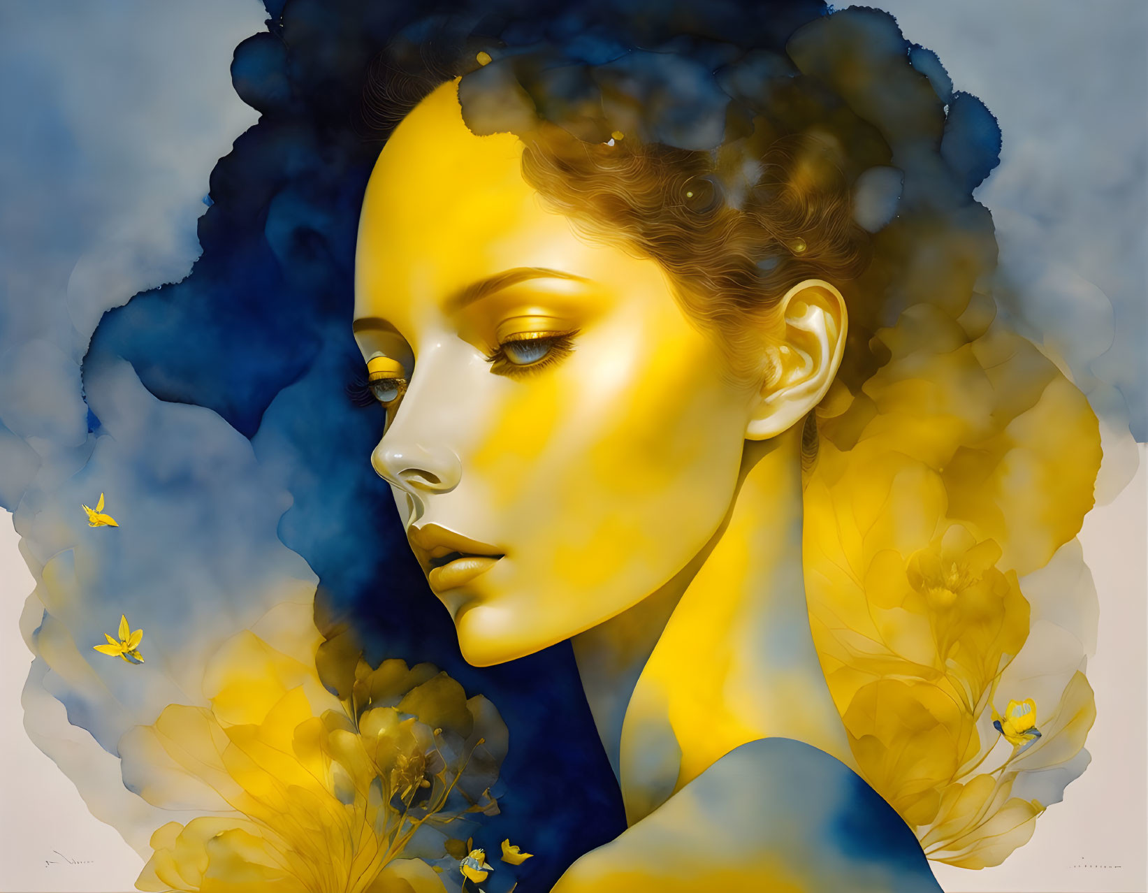 Profile view digital artwork: Woman with golden skin, blue and yellow hues, yellow butterflies and flowers in