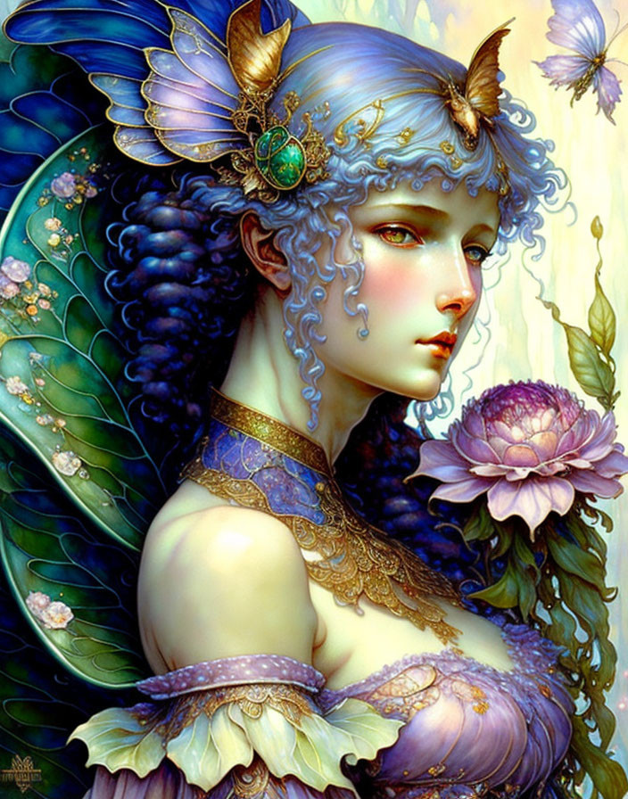 Fantasy illustration: Female figure with blue skin, elfin ears, golden adornments, butterfly wings