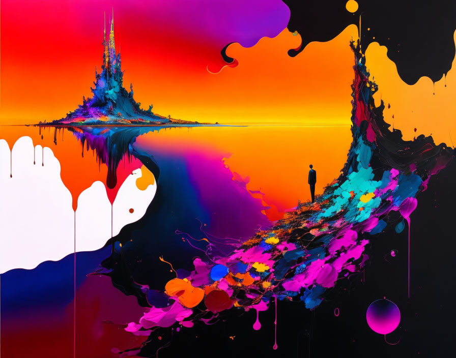 Colorful abstract art featuring person on dynamic landscape