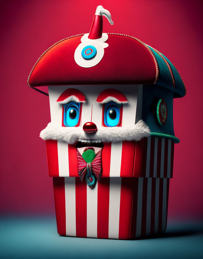 Whimsical character with red & white stripes, white beard, blue eyes, and mushroom cap hat