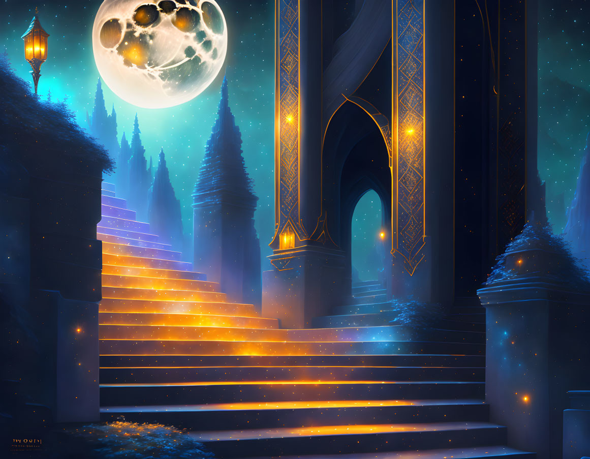 Nighttime fantasy landscape with glowing stairs, archway, lanterns, and mystical moon