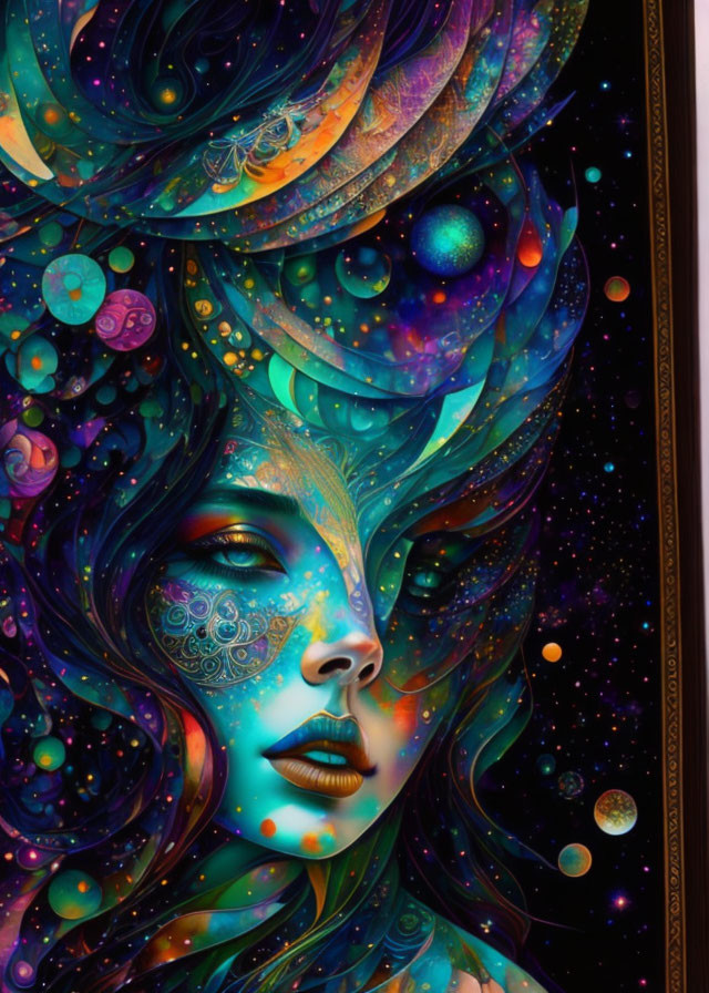 Cosmic themed woman artwork with galaxies and stars integration