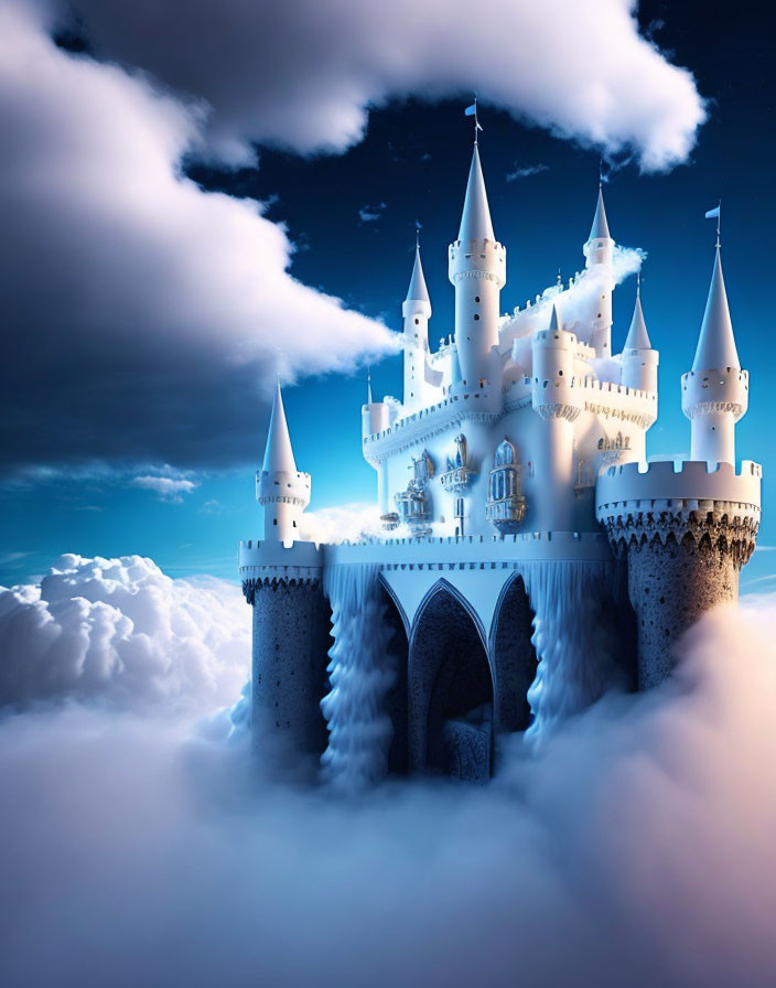 Floating castle with spires and towers above clouds on blue sky