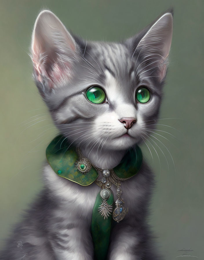 Gray Tabby Kitten Digital Painting with Green Eyes & Ornate Collar