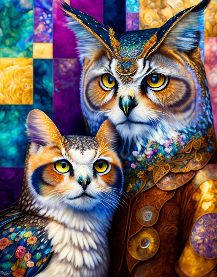 Vibrant Owl Artwork on Patchwork Background