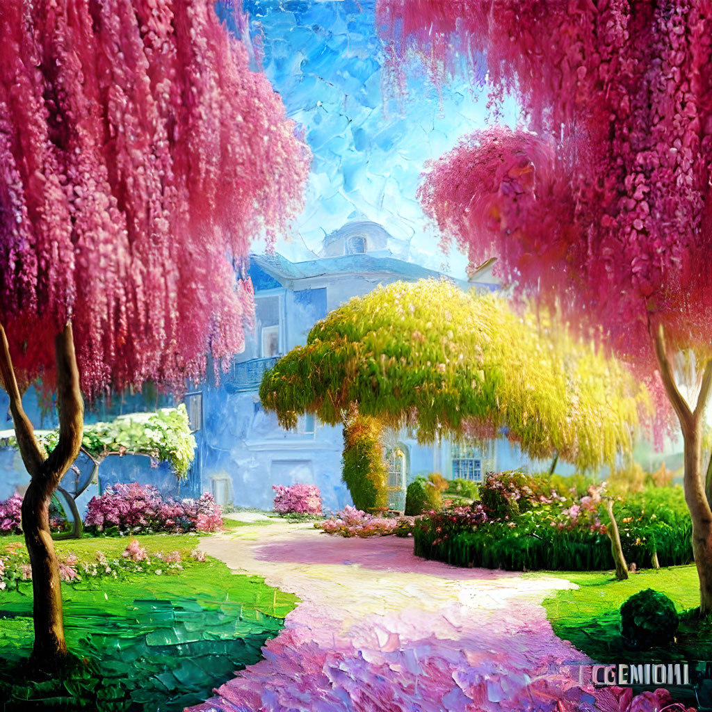 Pink Blossoming Trees in Vibrant Garden with Cobblestone Path and Blue House