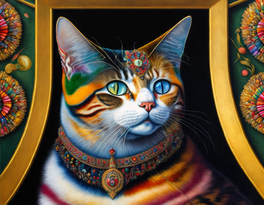 Regal cat painting with blue eyes and colorful jewels