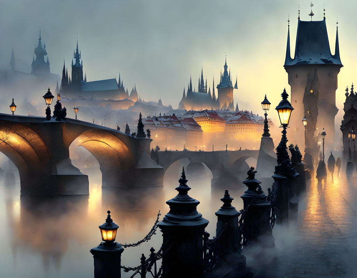 Historic cityscape with old bridge and spired buildings at twilight